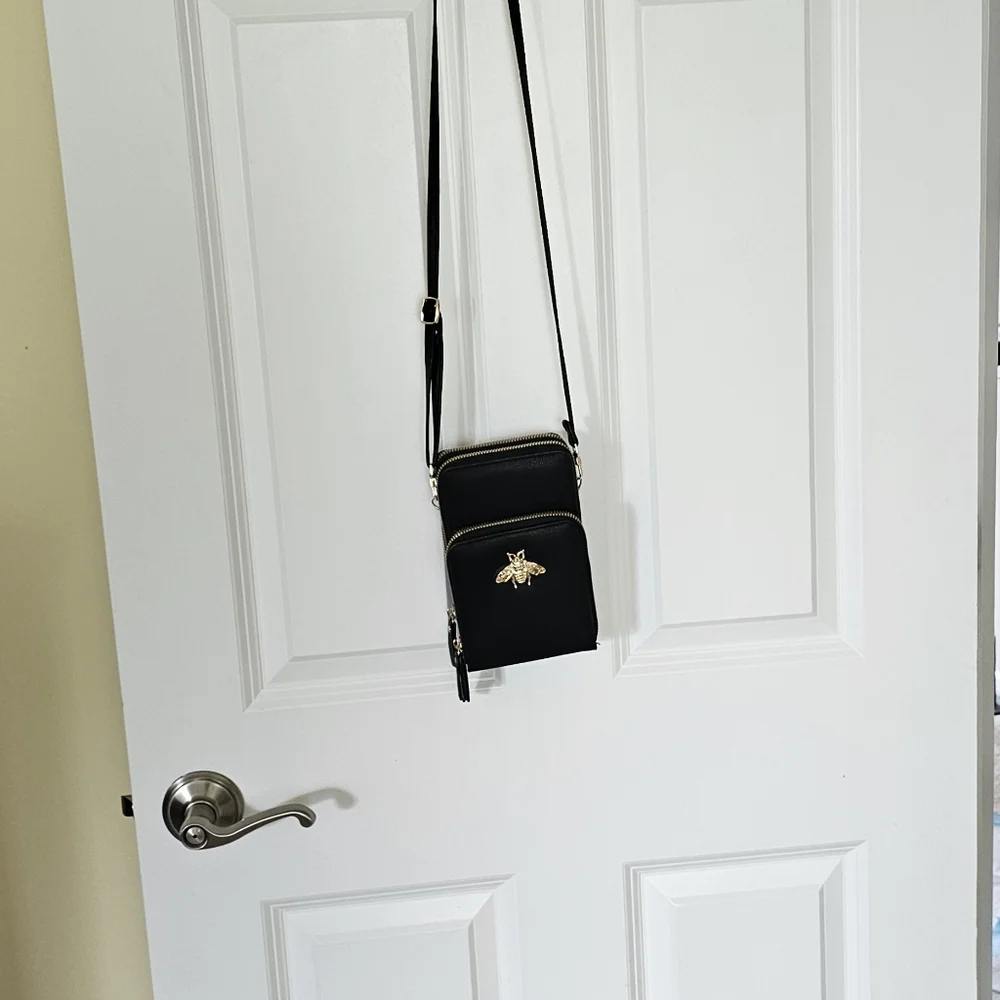 Black Crossbody Bag with Gold Bee Accent - Picture 1 of 4
